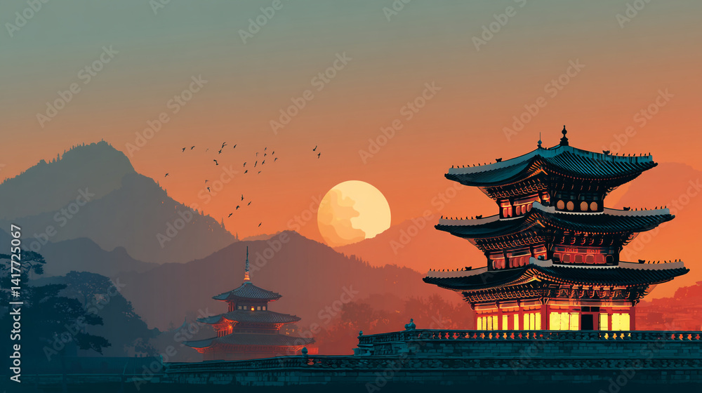 An illustration of a city with smoke billowing out of factory chimneys. London on a small island, concept background.