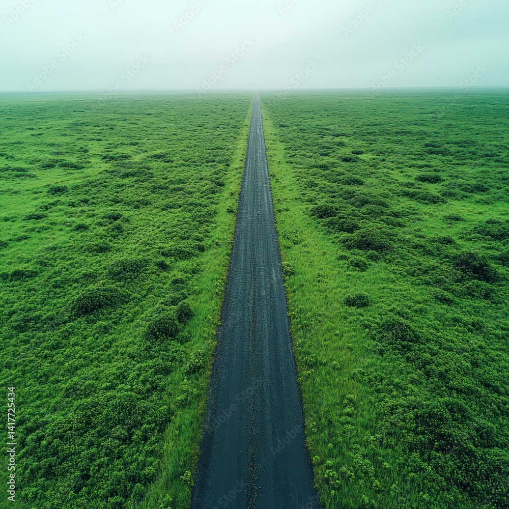 custom made wallpaper toronto digitalA long, dark road stretches through vibrant green fields, embraced by morning fog