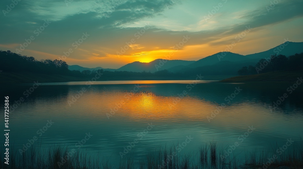 Serene Sunset over Mountain Lake Serene Sunset over Mountain Lake