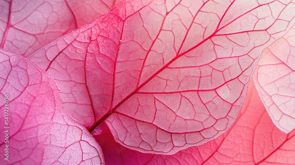 Fototapeta premium Close-up pink flower leaf veins, soft focus, botanical backdrop