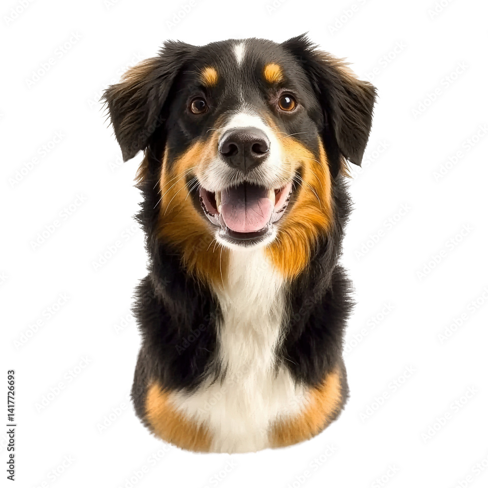 Friendly and Happy Bernese Mountain Dog with Open Mouth and Bright Eyes, Close-Up Portrait Showcasing Its Black Brown and White Coat and Cheerful Expression Friendly and Happy Bernese Mountain Dog with Open Mouth and Bright Eyes, Close-Up Portrait Showcasing Its Black Brown and White Coat and Cheerful Expression