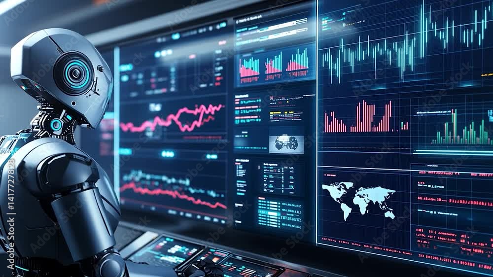 Futuristic robot analyzing financial data on digital screens in a tech hub Futuristic robot analyzing financial data on digital screens in a tech hub