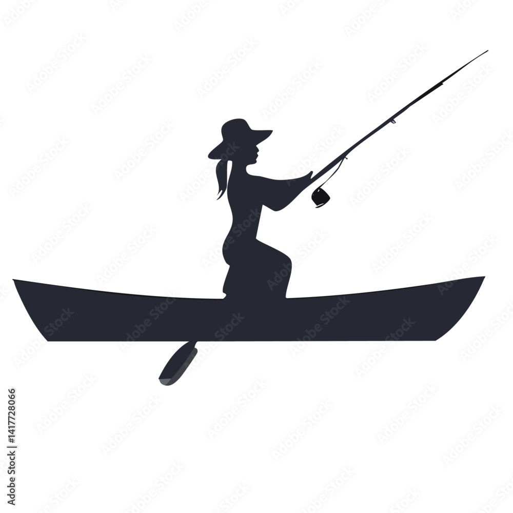 black silhouette of a fisherwoman with fishing rod vector graphic design