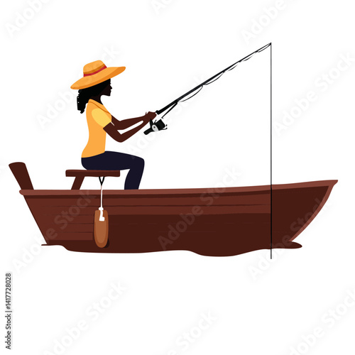 fisherwoman with fishing rod vector graphic design in the sea