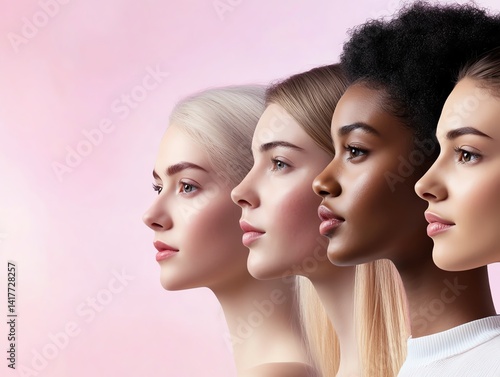 Diverse people surrounded by nano clouds improving skin glow, skincare tech visual