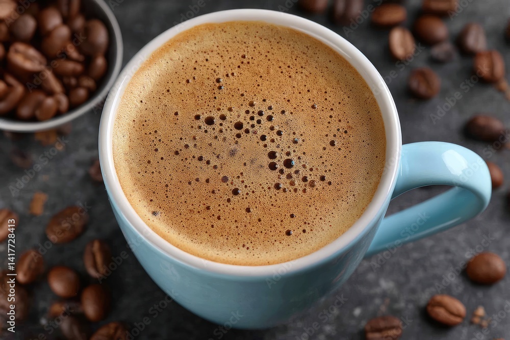 Coffee cup with beans, foam, and background, served on surface for commercial use Coffee cup with beans, foam, and background, served on surface for commercial use
