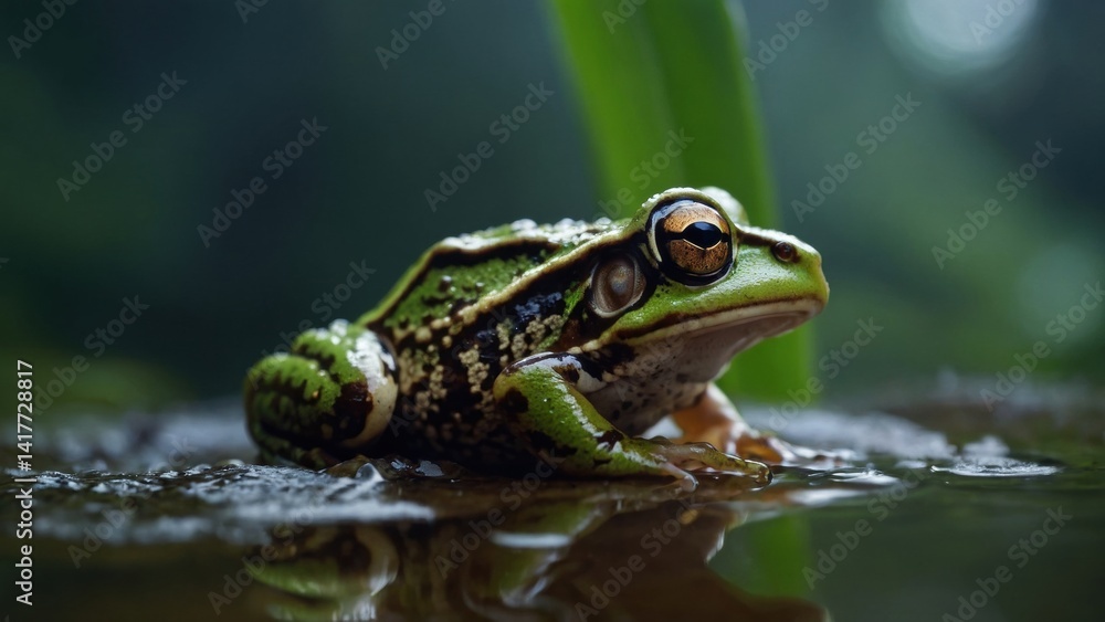 Green frog with striking golden eyes resting on a reflective surface in a tranquil wetland environment Green frog with striking golden eyes resting on a reflective surface in a tranquil wetland environment