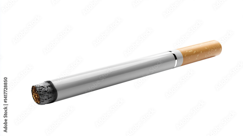 Close-up of a Single Cigarette Isolated on White Background, Cigarettes with filter isolated on white background Close-up of a Single Cigarette Isolated on White Background, Cigarettes with filter isolated on white background
