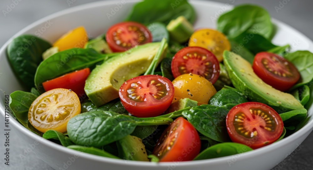 Healthy Salad of Tomatoes, Avocado, and Spinach - Photo Healthy Salad of Tomatoes, Avocado, and Spinach - Photo