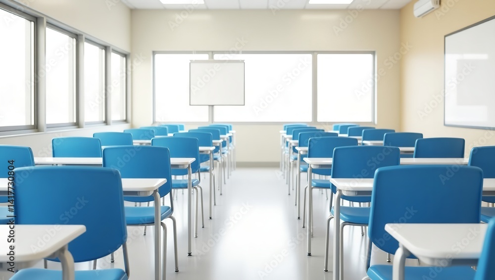 Empty classroom ready for students bright room with blue chairs and white desks spacious learning Empty classroom ready for students bright room with blue chairs and white desks spacious learning