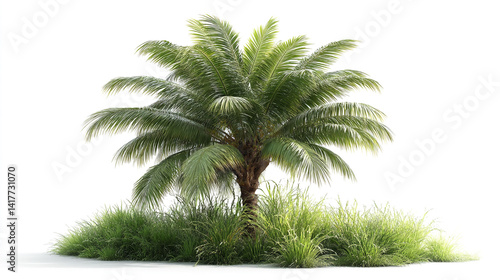 Tropical Coconut Palm Tree Swaying in Breeze Lush green palm tree on a small island, isolated on white background.