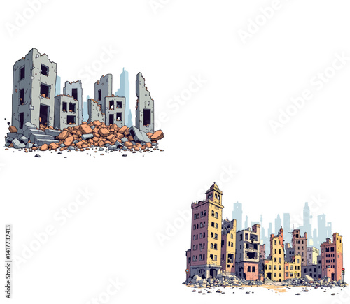 Vsai destroyed city buildings crumbling under the weight of destruction