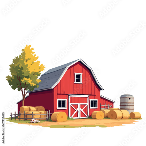 Vsai red barn stands on farm with hay bales and silo