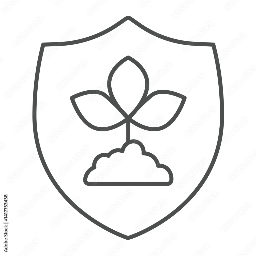 Plant with leaves on safety emblem thin line icon, eco tourism concept. Vector graphics. Protection shield with leaf plant sign on white background, linear style icon for mobile or web design. Plant with leaves on safety emblem thin line icon, eco tourism concept. Vector graphics. Protection shield with leaf plant sign on white background, linear style icon for mobile or web design.