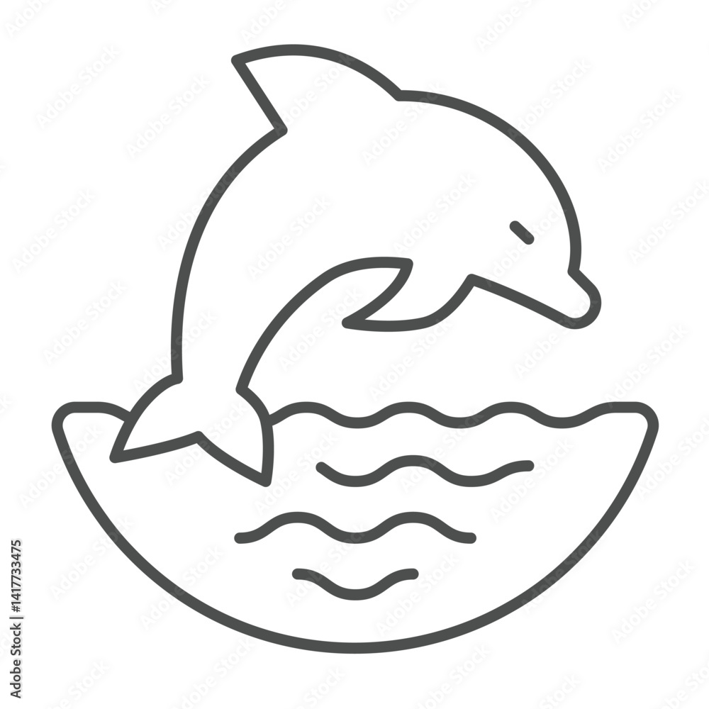 Fototapeta premium Dolphin jump at sea thin line icon, eco tourism concept. Vector graphics. Sea animal with water waves sign on white background, linear style icon for mobile or web design.