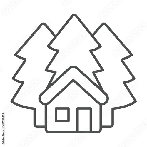 Forest watcher cabin thin line icon, eco tourism concept. Vector graphics. House and forest trees sign on white background, linear style icon for mobile or web design.