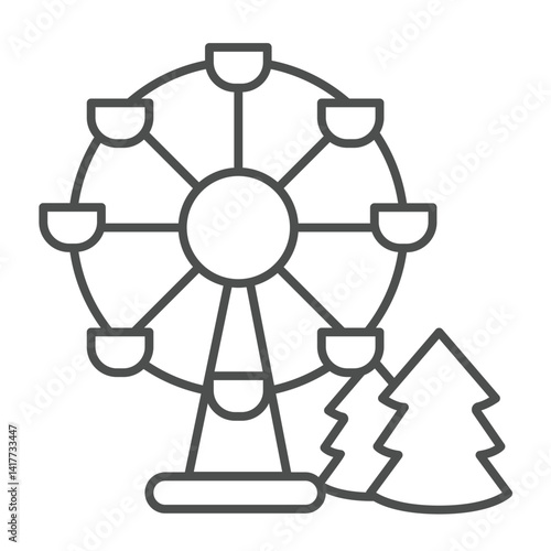 Fir tree and observation wheel thin line icon, eco tourism concept. Vector graphics. Amusement park ride, high rise view sign on white background, linear style icon for mobile or web design.