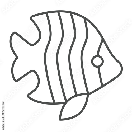 Tropical fish thin line icon, eco tourism concept. Vector graphics. Underwater rare striped fish, fishery sign on white background, linear style icon for mobile or web design.
