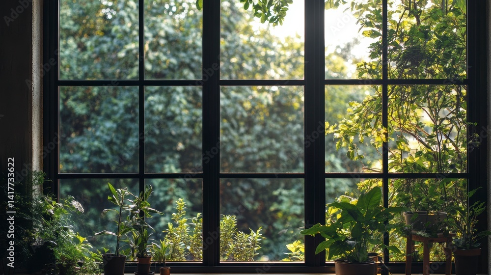 Fototapeta premium Indoor plants frame a large window overlooking lush green foliage.
