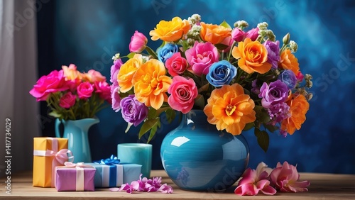 A vibrant bouquet of multicolored artificial daisies in a light blue pot sits on a wooden surface. Nearby is a small