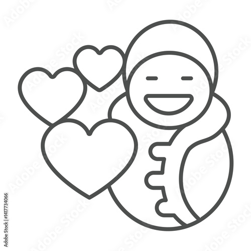 Baby child in swaddling clothes and hearts thin line icon, charity concept. Vector graphics. Children clothes donations sign on white background, linear style icon for mobile or web design.