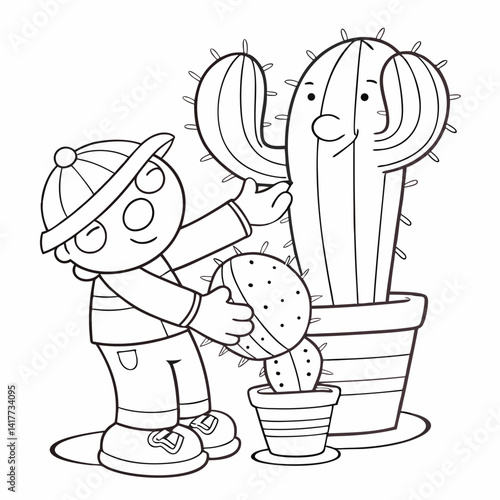Cartoon Boy Planting Cactus in Pot Outline