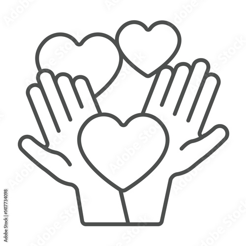 Human palm hands and hearts thin line icon, charity concept. Vector graphics. Love sharing, donations sign on white background, linear style icon for mobile or web design.