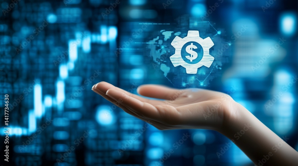 Fototapeta premium Hand holding gear icon with finance symbols on blue virtual background, representing financial technology, digital innovation, business process automation, and virtual web services integration