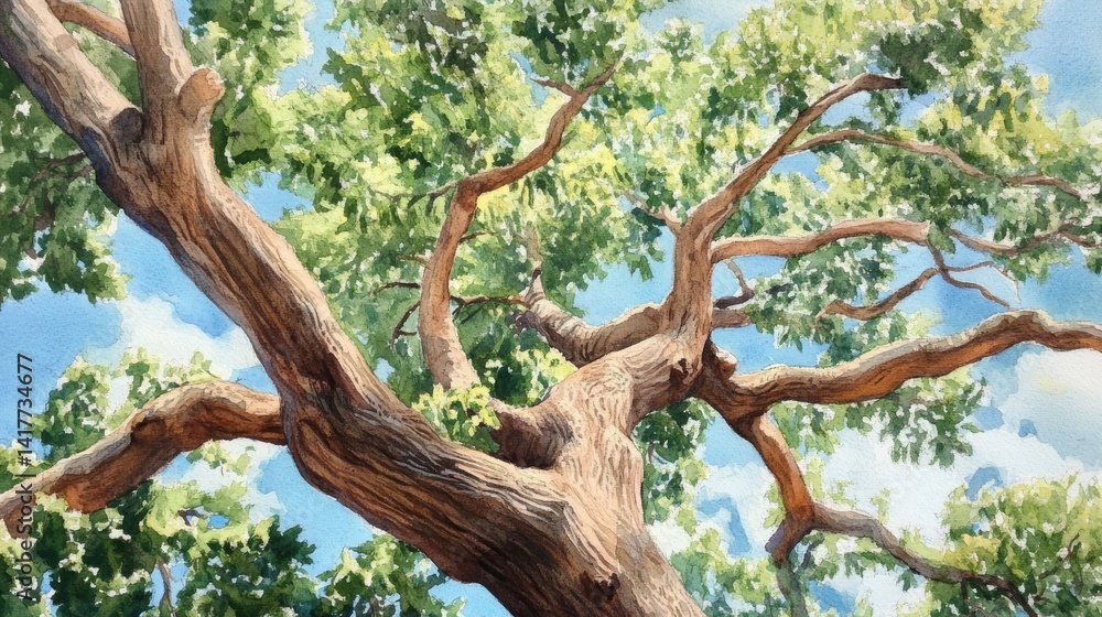 Fototapeta premium Azure Canopy Sundrenched tree viewed from below branches reaching skyward