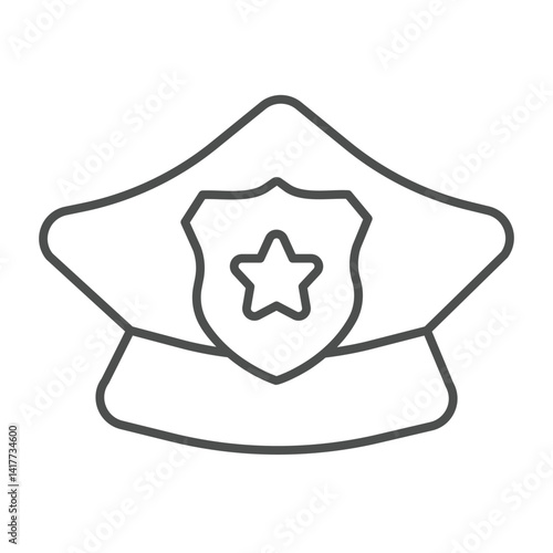 Police cap with police badge thin line icon, law enforcement concept. Vector graphics. Hat with safety emblem and star sign on white background, linear style icon for mobile or web design.