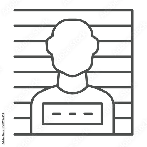 Suspect man with number thin line icon, law enforcement concept. Vector graphics. Bandit in prison, face photo sign on white background, linear style icon for mobile or web design.