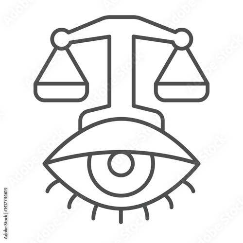 Weigh scales with eye of justice thin line icon, law enforcement concept. Vector graphics. Libra scales and eye, judgement sign on white background, linear style icon for mobile or web design.