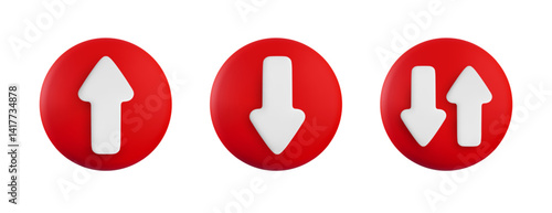 Vector cartoon 3d arrow button set. Cute realistic up, down and oncoming direction white arrows sign on red circle. 3d render plastic navigation direction icon for infographic, web, game design, app