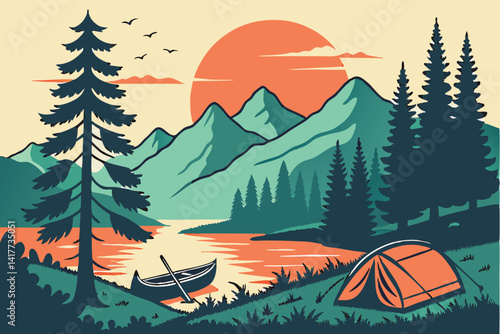 62 Serene mountain landscape, vibrant sunset, large sun, pine trees, calm lake reflection, camping tent, canoe, silhouette mountains, gradient sky, orange and teal color palette, digital illustration,