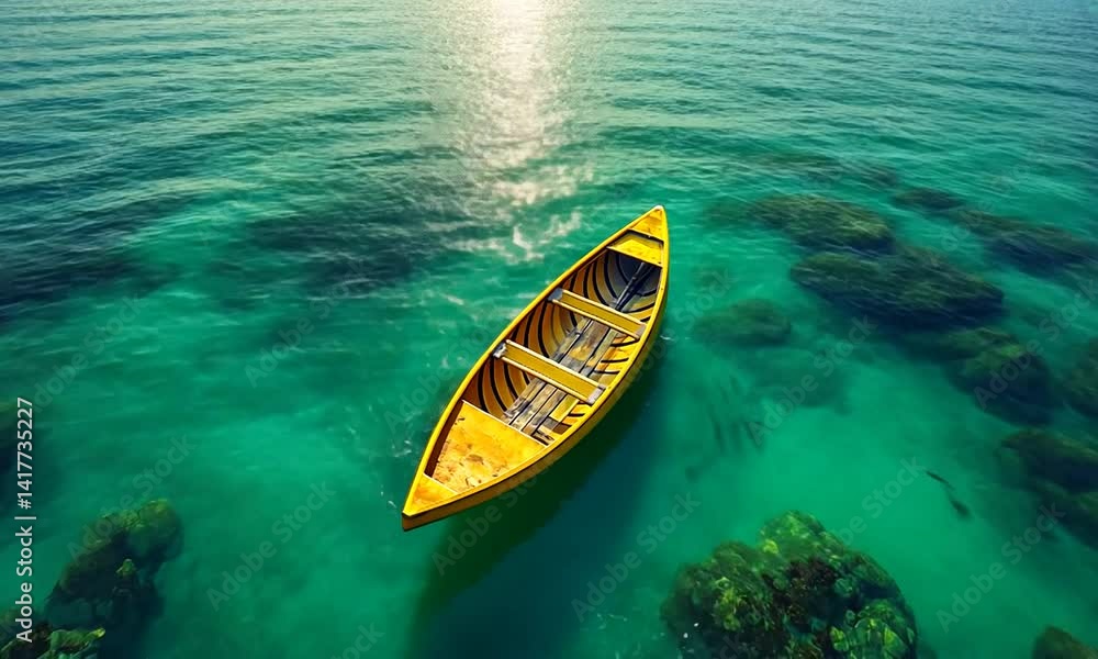 A vibrant yellow boat floating serenely on clear turquoise waters surrounded by rocky formations A vibrant yellow boat floating serenely on clear turquoise waters surrounded by rocky formations