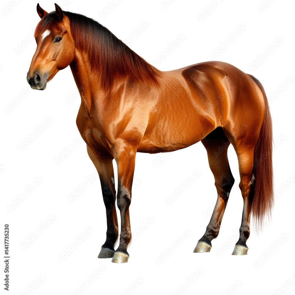 Obraz premium A majestic brown horse standing on a white background showcasing its muscular body and glossy coat with a flowing mane and tail in a detailed studio shot