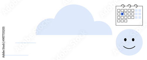 Blue cloud, flying lines, calendar with marked date, cheerful happy face conveying planning, positivity, digital storage, productivity, remote access, scheduling future goals flat simple metaphor