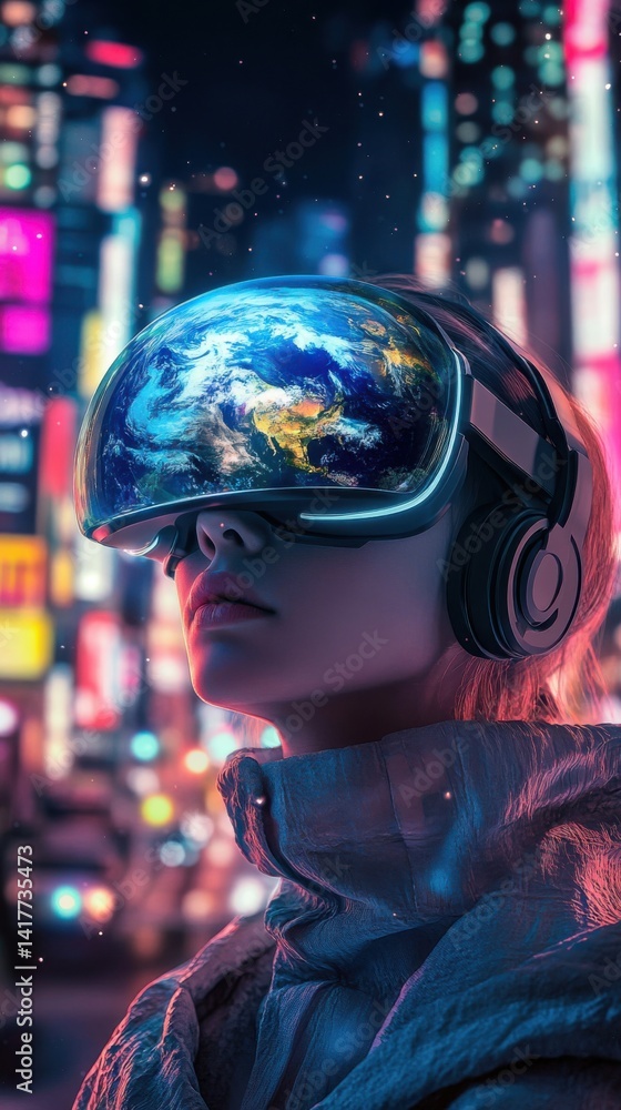 Person Wearing Futuristic VR Headset with Digital World Display in Neon City Person Wearing Futuristic VR Headset with Digital World Display in Neon City