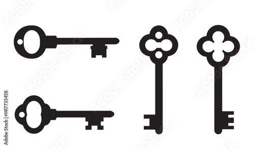 Old fashioned key set element silhouette bundle vintage style locks outline illustration design for brand or tattoo
