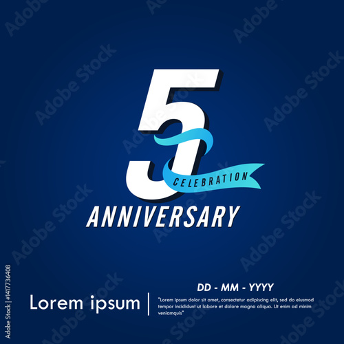 5th years anniversary celebration emblem. elegant anniversary logo isolated with blue ribbon on dark blue background. vector illustration template design for web, flyers, poster, greeting card