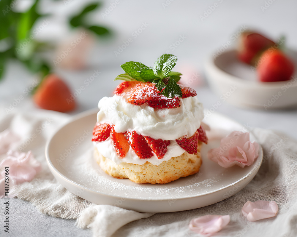 Strawberry shortcake with whipped cream and mint Strawberry shortcake with whipped cream and mint