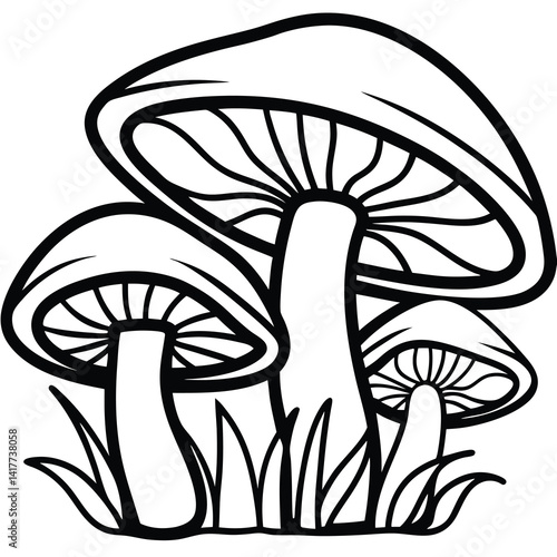 Three Mushrooms Outline in Grass