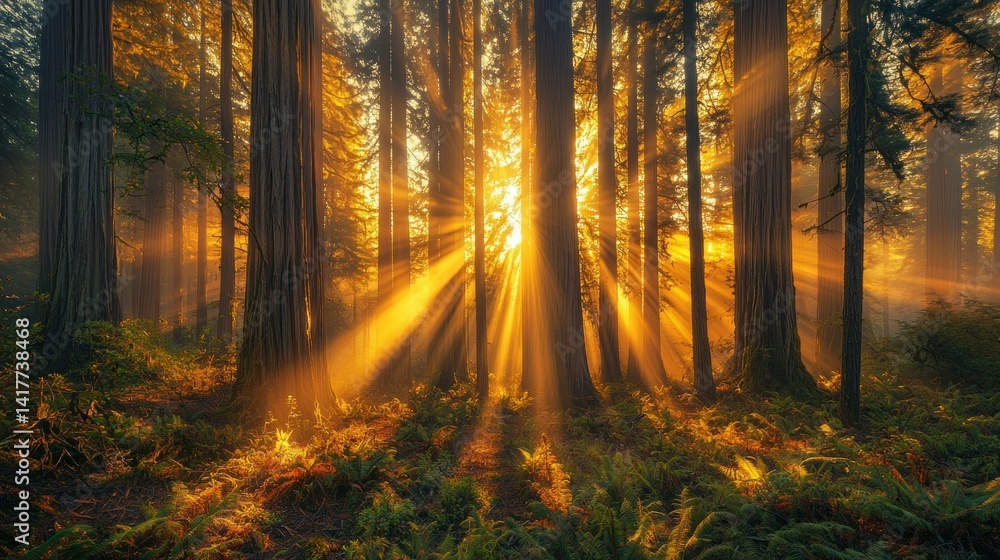 Fototapeta premium Golden sunlight streams through redwood forest at sunset