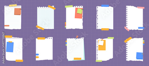 Realistic Ripped Paper Scraps Strips Torn Edges with Sticky Note and Adhesive Tape. Sticky Note Paper Sheet Pieces Ripped Edge illustration