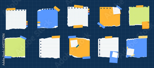 Realistic Ripped Paper Scraps Strips Torn Edges with Sticky Note and Adhesive Tape. Sticky Note Paper Sheet Pieces Ripped Edge illustration