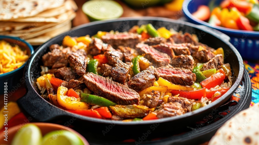 Sizzling Beef Fajitas with Bell Peppers in Cast Iron Skillet Sizzling Beef Fajitas with Bell Peppers in Cast Iron Skillet