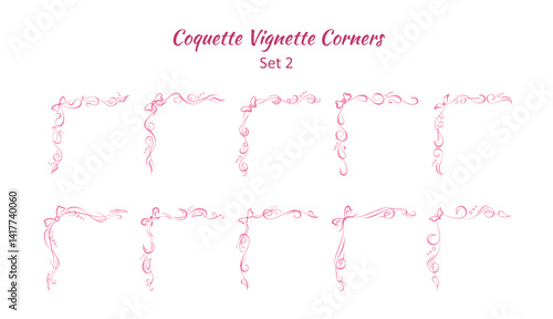 10 hand drawn corners with bow ribbon elements. Elegant editable vignettes for making frames
