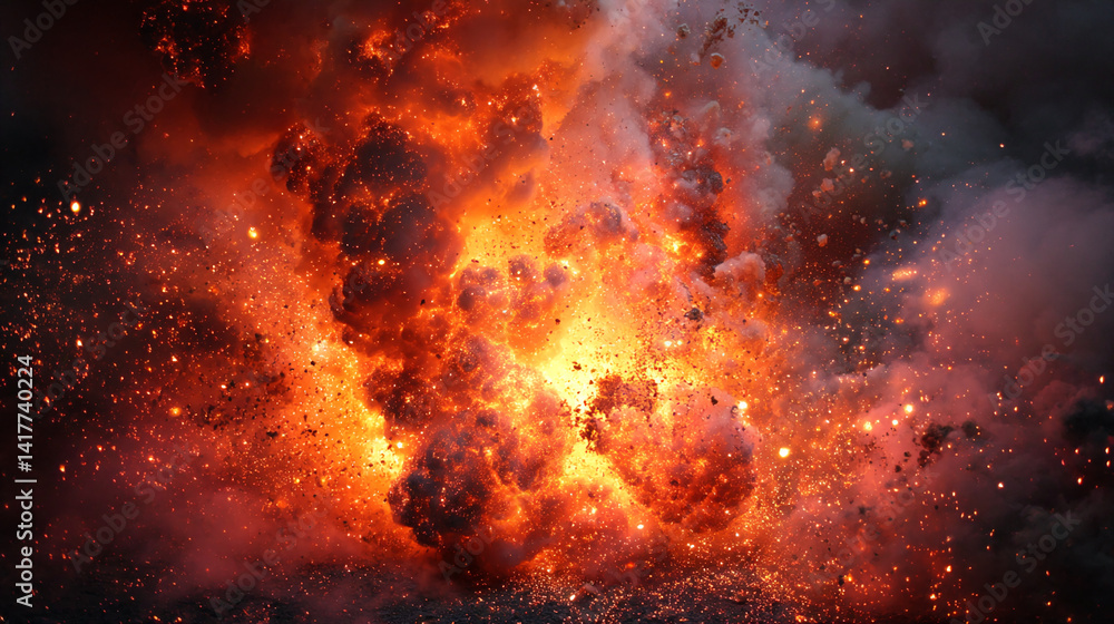 Fiery explosion, orange and red hues, smoke and debris, dynamic energy, representing power, destruction, or chaos, ideal for intense themes Fiery explosion, orange and red hues, smoke and debris, dynamic energy, representing power, destruction, or chaos, ideal for intense themes