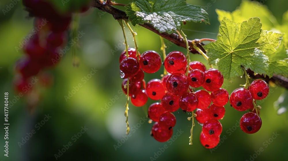 Fototapeta premium Shiny red currants cascading from a branch, their tiny size highlighted against a blurred green backdrop - currants tiny macro fruit soft