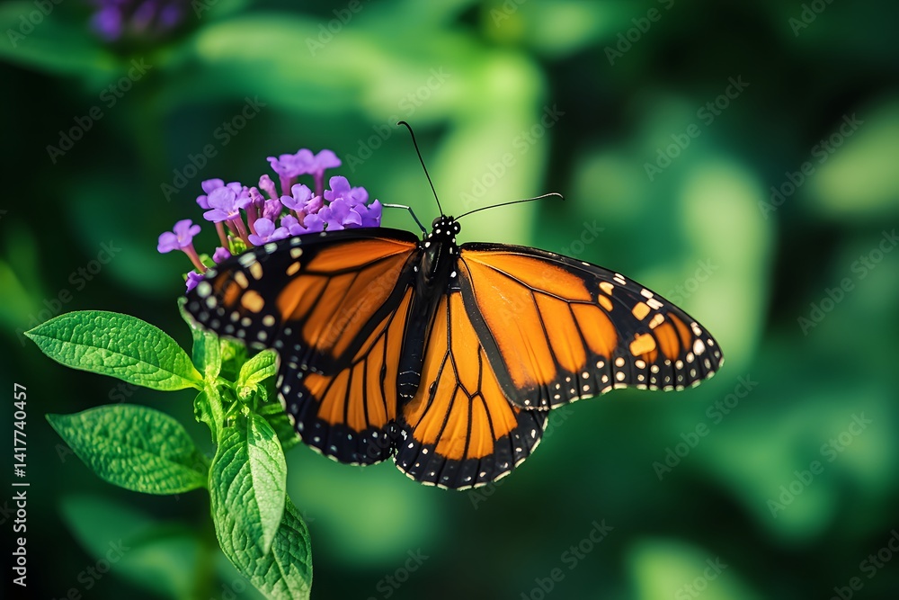 Obraz premium Monarch butterfly feeding on purple flowers in a garden setting high resolution photo